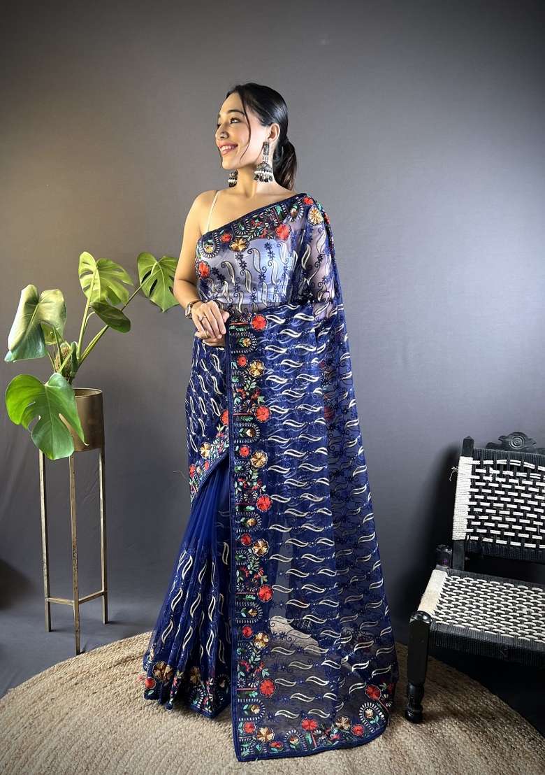 Navy Blue Net Saree Set with Embroidered for Diwali | Wedding & Festive Wear - Indya