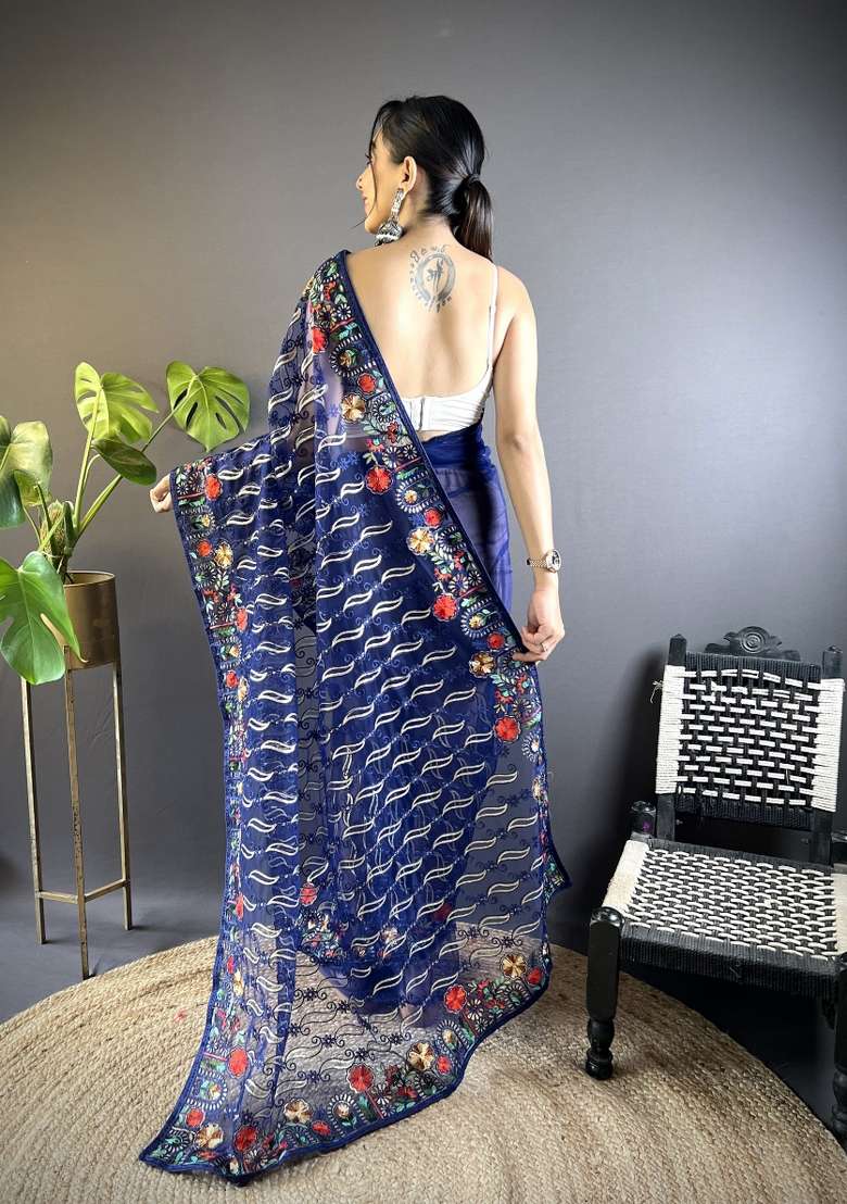 Navy Blue Net Saree Set with Embroidered for Diwali | Wedding & Festive Wear - Indya
