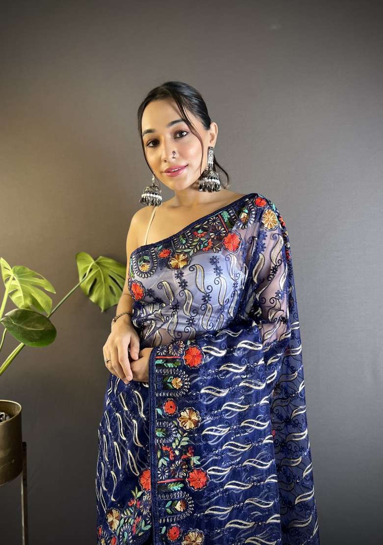 Navy Blue Net Saree Set with Embroidered for Diwali | Wedding & Festive Wear - Indya