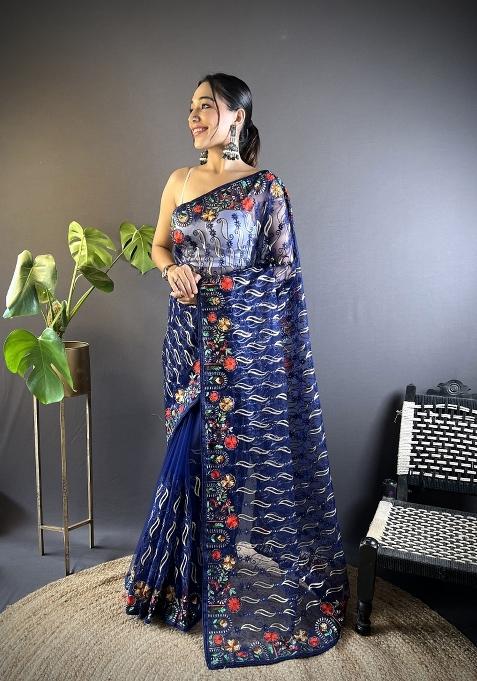 Navy Blue Embroidered Net Saree Set