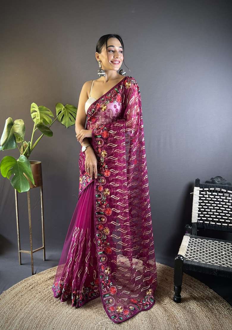 Pink Net Saree Set with Embroidered for Diwali | Wedding & Festive Wear - Indya