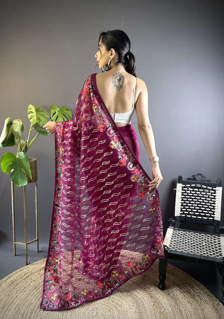 Pink Net Saree Set with Embroidered for Diwali | Wedding & Festive Wear - Indya