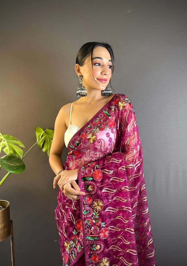 Pink Net Saree Set with Embroidered for Diwali | Wedding & Festive Wear - Indya