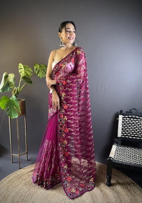 Pink Embroidered Net Saree Set