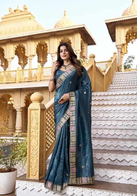 Teal Embroidered Silk Blend Saree Set