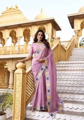 Pink Silk Blend Saree Set with Embroidered for Diwali | Wedding & Festive Wear
