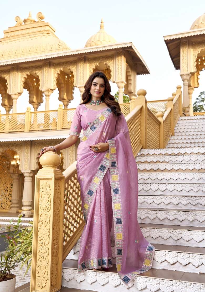 Pink Silk Blend Saree Set with Embroidered for Diwali | Wedding & Festive Wear - Indya