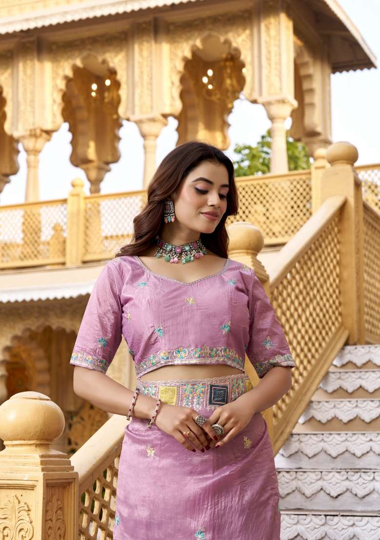 Pink Silk Blend Saree Set with Embroidered for Diwali | Wedding & Festive Wear - Indya