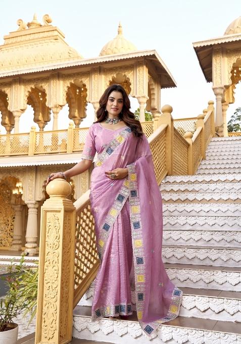 Pink Embroidered Silk Blend Saree Set