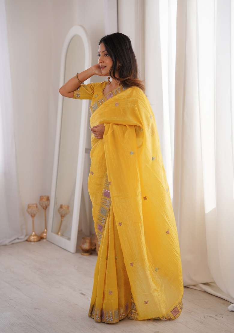Yellow Silk Blend Saree Set with Embroidered for Diwali | Wedding & Festive Wear - Indya