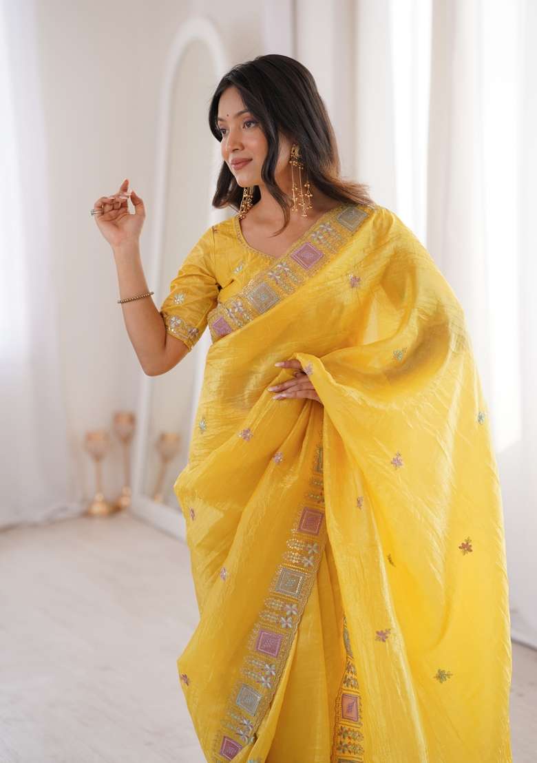 Yellow Silk Blend Saree Set with Embroidered for Diwali | Wedding & Festive Wear - Indya