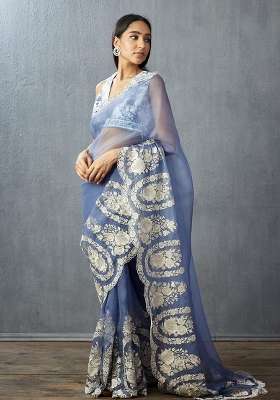 Periwinkle Blue Silk Blend Saree Set with Embroidered for Diwali | Wedding & Festive Wear