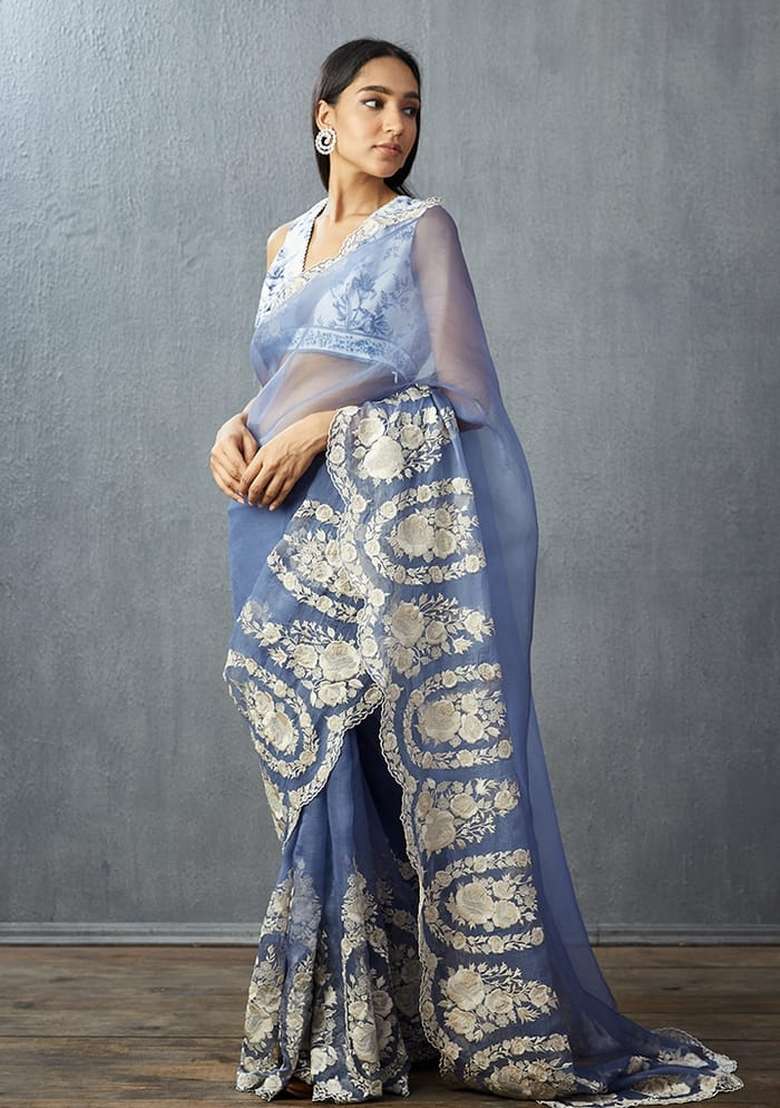 Periwinkle Blue Silk Blend Saree Set with Embroidered for Diwali | Wedding & Festive Wear - Indya