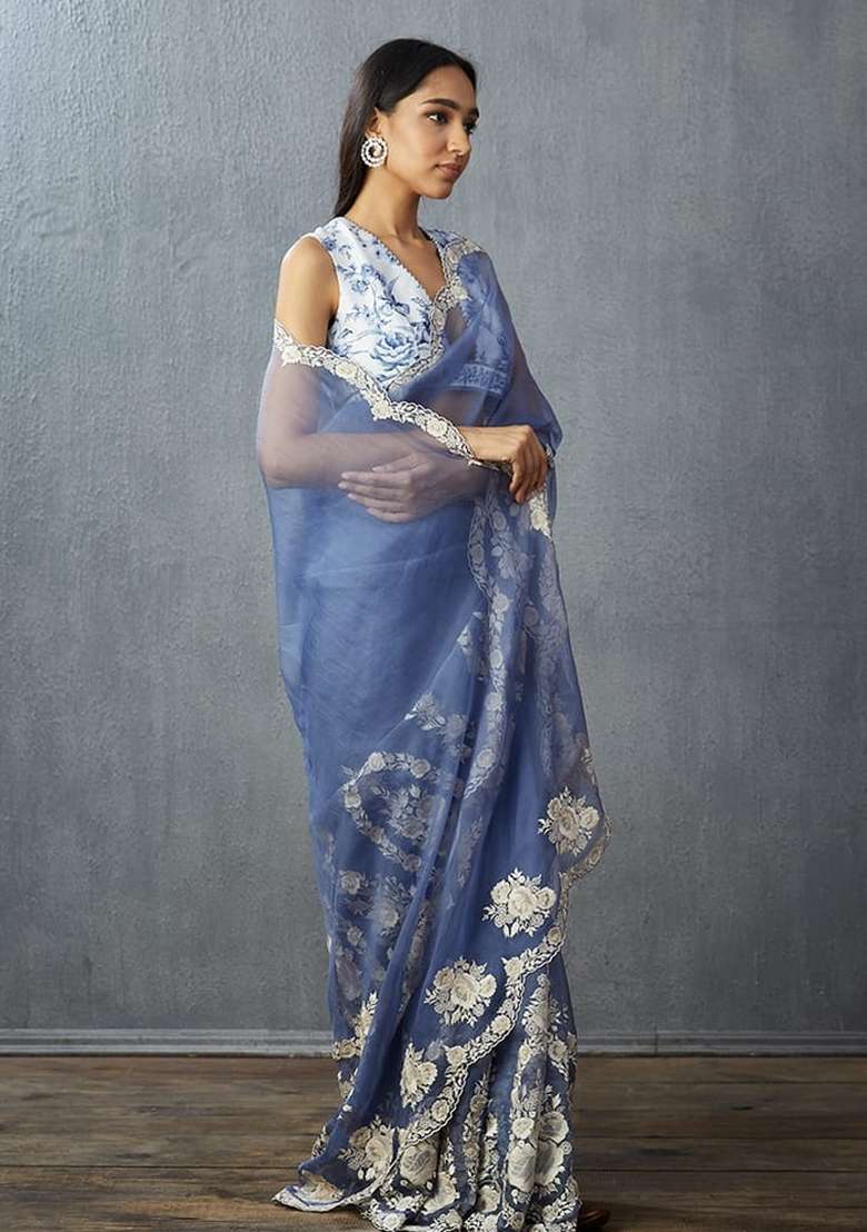 Periwinkle Blue Silk Blend Saree Set with Embroidered for Diwali | Wedding & Festive Wear - Indya