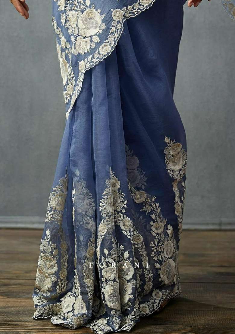 Periwinkle Blue Silk Blend Saree Set with Embroidered for Diwali | Wedding & Festive Wear - Indya