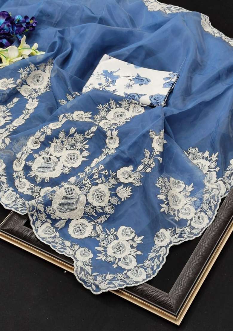 Periwinkle Blue Silk Blend Saree Set with Embroidered for Diwali | Wedding & Festive Wear - Indya