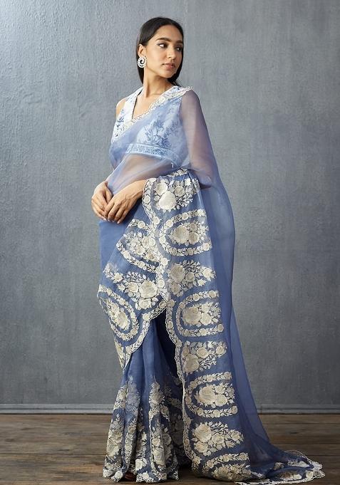 Periwinkle Blue Embroidered Silk Blend Saree Set