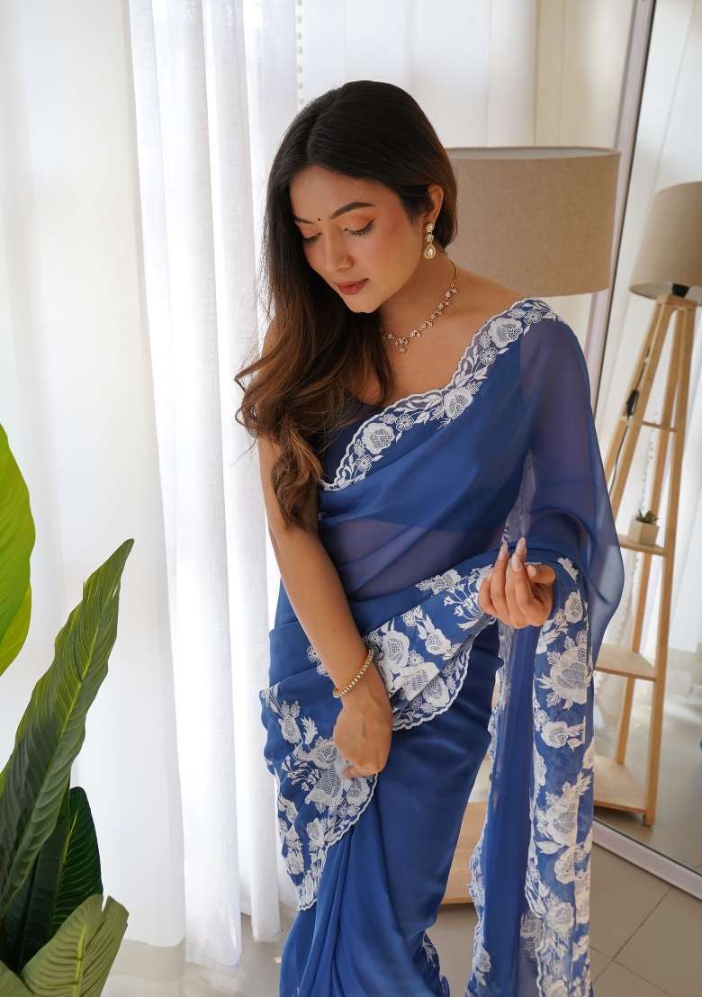 Royal Blue Embroidered Silk Blend Saree Set for Diwali and Festive Wear - Indya