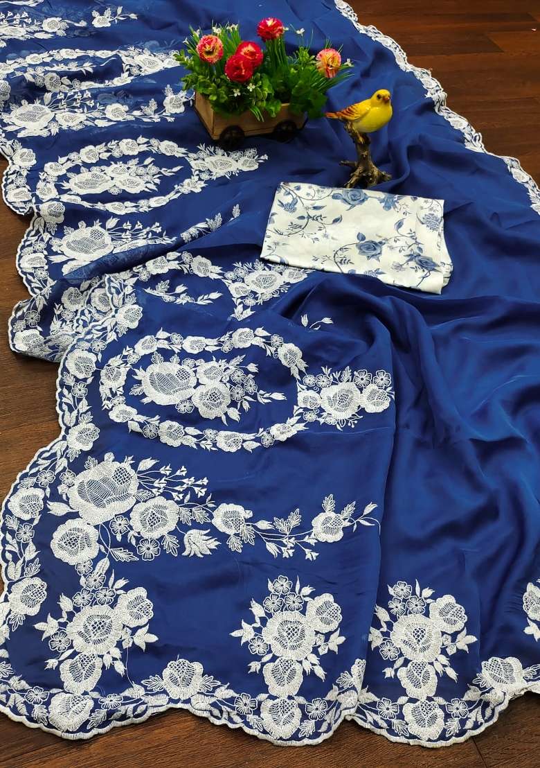 Royal Blue Embroidered Silk Blend Saree Set for Diwali and Festive Wear - Indya