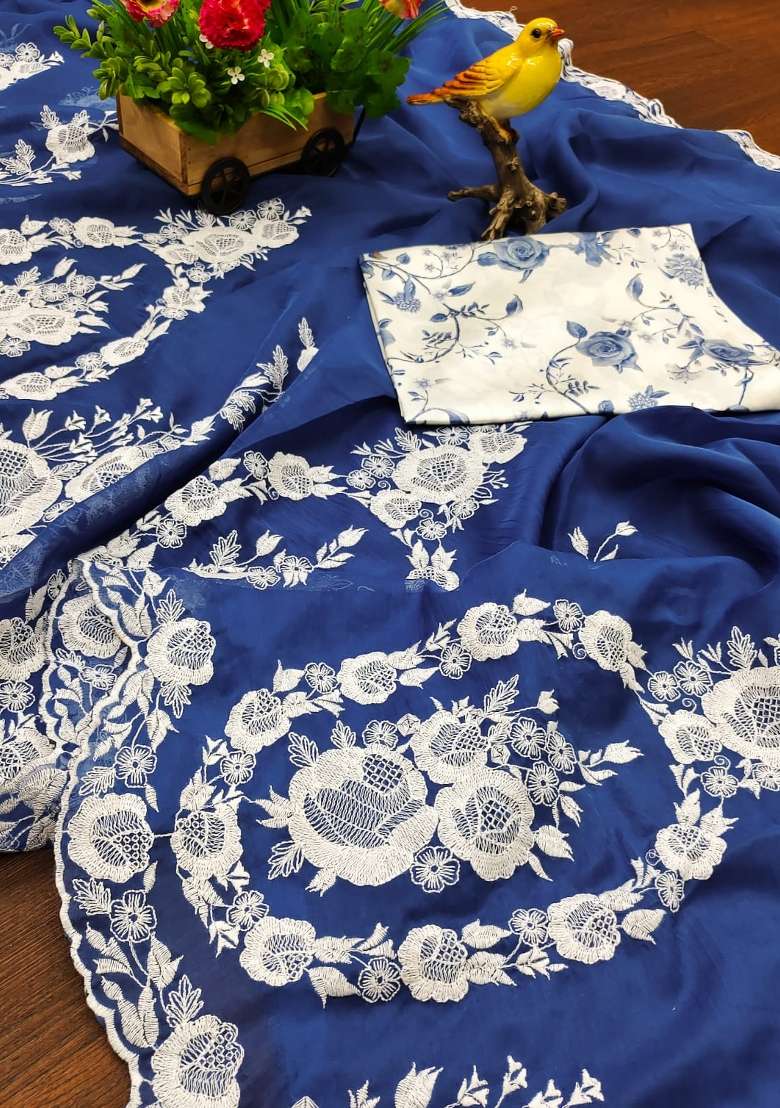 Royal Blue Embroidered Silk Blend Saree Set for Diwali and Festive Wear - Indya