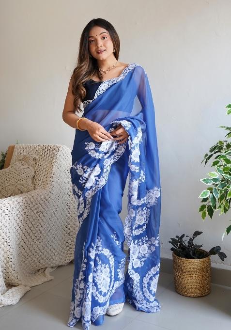 Royal Blue Embroidered Silk Blend Saree Set