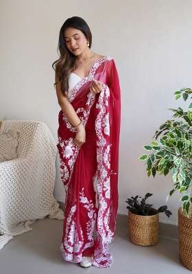 Maroon Embroidered Silk Blend Saree Set for Diwali and Festive Wear