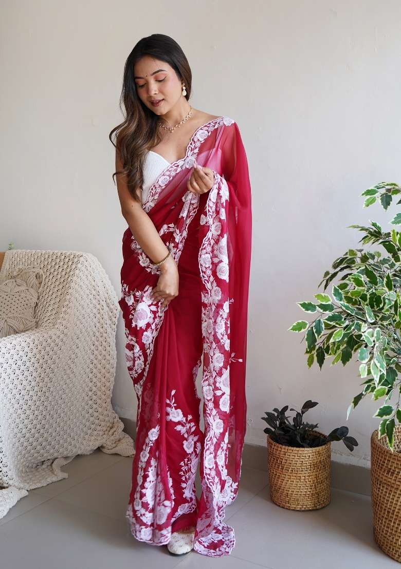 Maroon Embroidered Silk Blend Saree Set for Diwali and Festive Wear - Indya