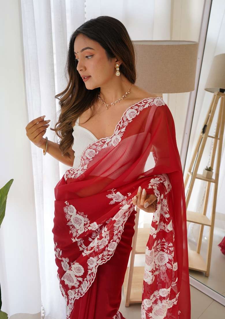 Maroon Embroidered Silk Blend Saree Set for Diwali and Festive Wear - Indya