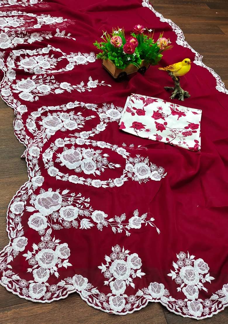 Maroon Embroidered Silk Blend Saree Set for Diwali and Festive Wear - Indya