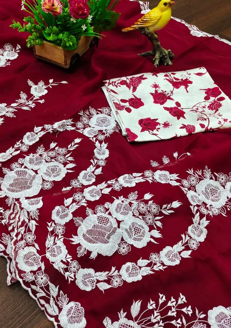 Maroon Embroidered Silk Blend Saree Set for Diwali and Festive Wear - Indya