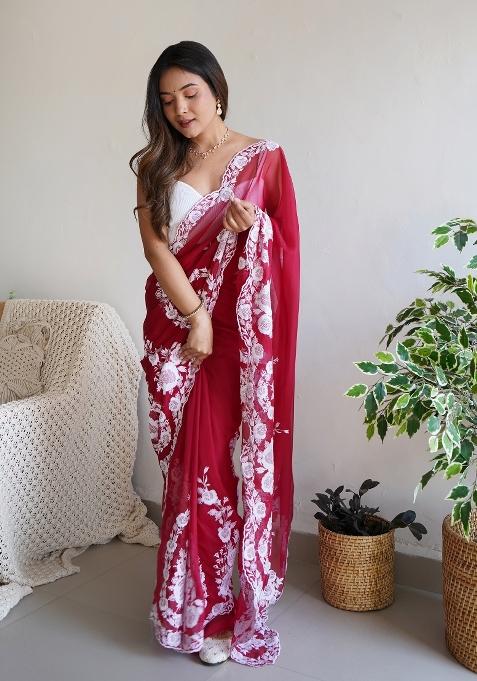 Maroon Embroidered Silk Blend Saree Set