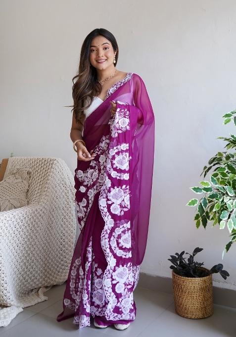 Magenta Embroidered Silk Blend Saree Set