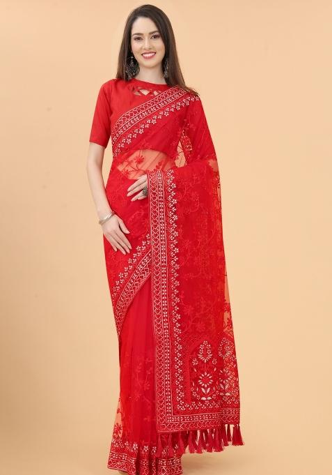Red Embellished Net Saree Set