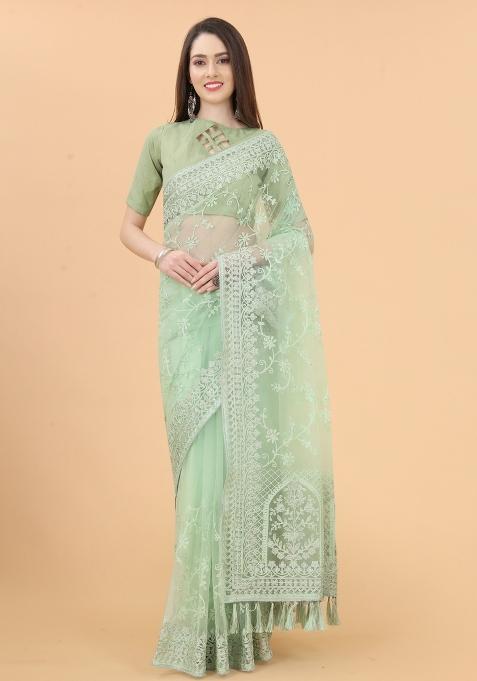 Pista Green Embellished Net Saree Set