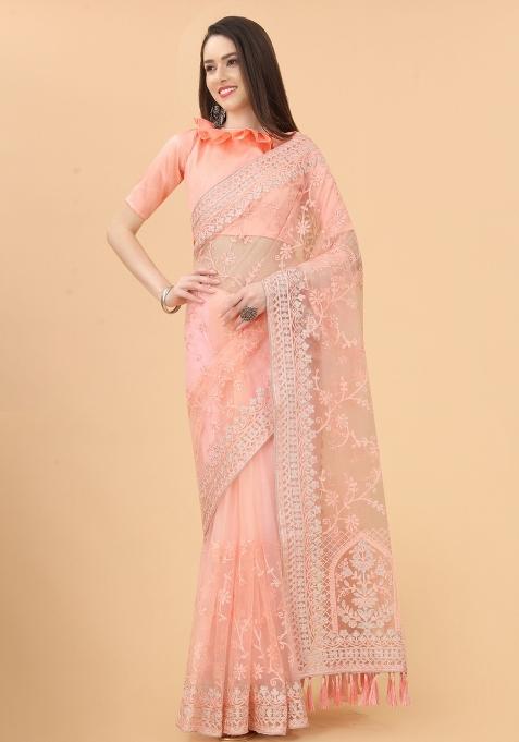 Peach Embellished Net Saree Set