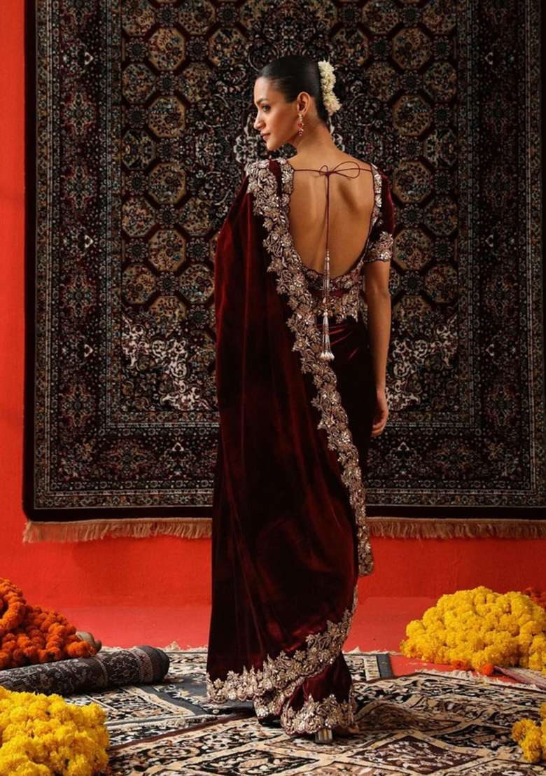 Maroon Embroidered Velvet Saree Set for Diwali and Festive Wear - Indya