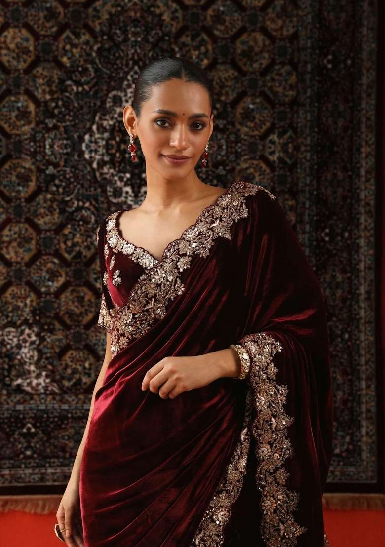 Maroon Embroidered Velvet Saree Set for Diwali and Festive Wear - Indya