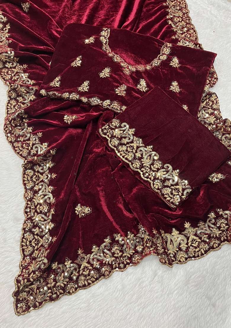 Maroon Embroidered Velvet Saree Set for Diwali and Festive Wear - Indya
