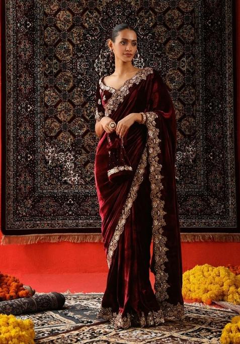 Maroon Embroidered Velvet Saree Set
