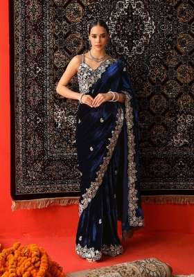 Navy Blue Embroidered Velvet Saree Set for Diwali and Festive Wear