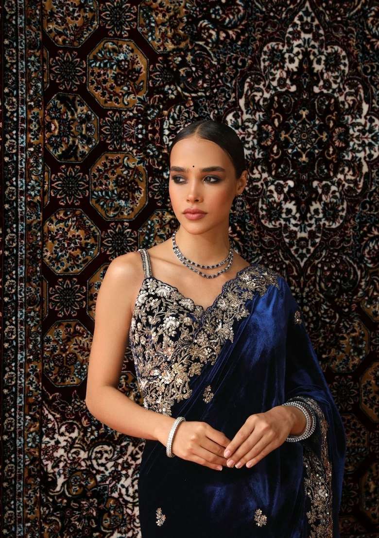 Navy Blue Embroidered Velvet Saree Set for Diwali and Festive Wear - Indya