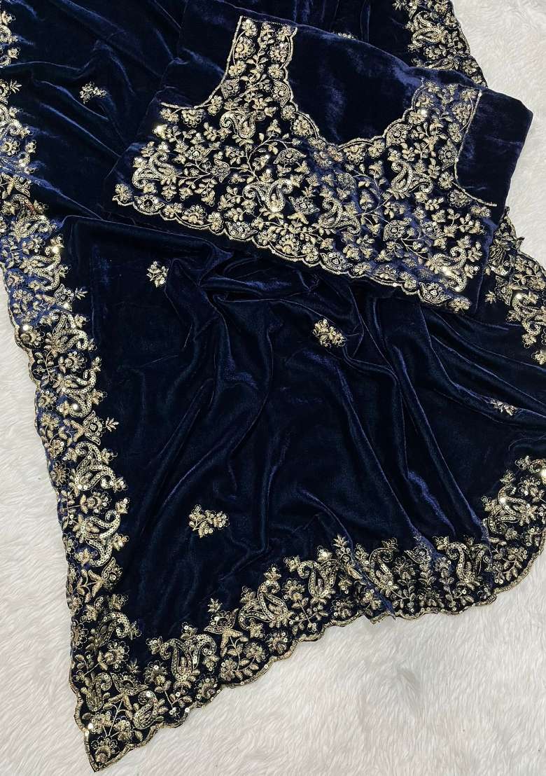 Navy Blue Embroidered Velvet Saree Set for Diwali and Festive Wear - Indya
