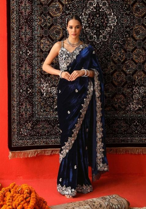 Navy Blue Embroidered Velvet Saree Set