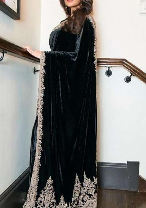 Black Embroidered Velvet Saree Set