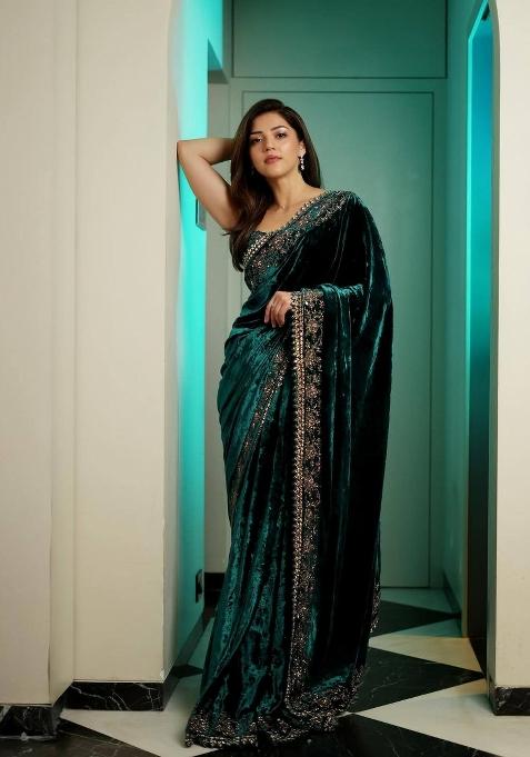 Green Embroidered Velvet Saree Set