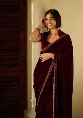 Maroon Velvet Saree Set with Embroidered for Diwali | Wedding & Festive Wear