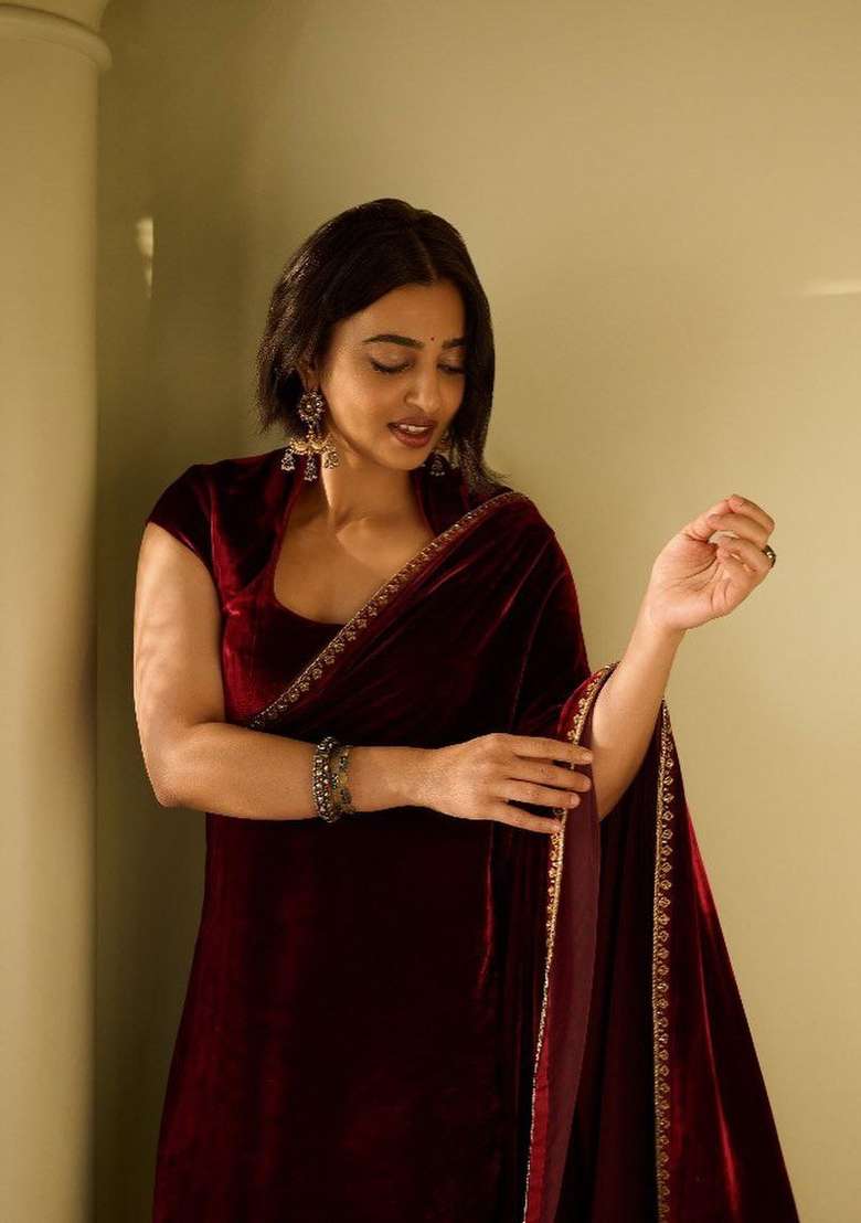 Maroon Velvet Saree Set with Embroidered for Diwali | Wedding & Festive Wear - Indya