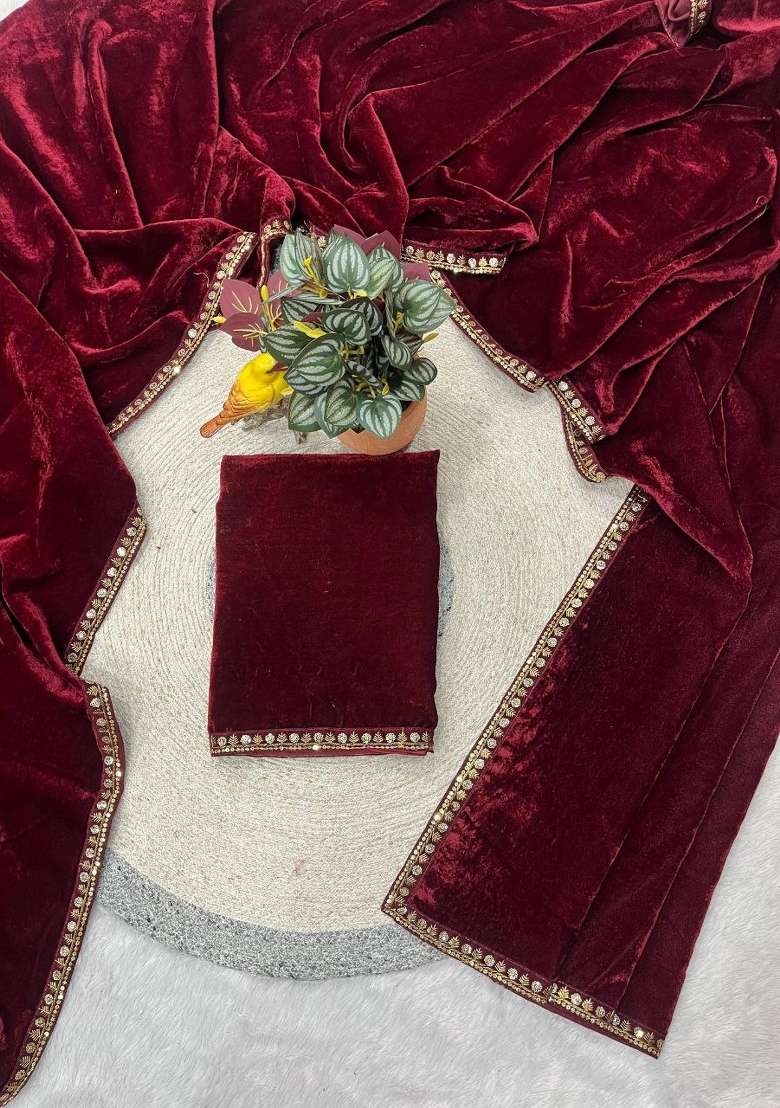 Maroon Velvet Saree Set with Embroidered for Diwali | Wedding & Festive Wear - Indya