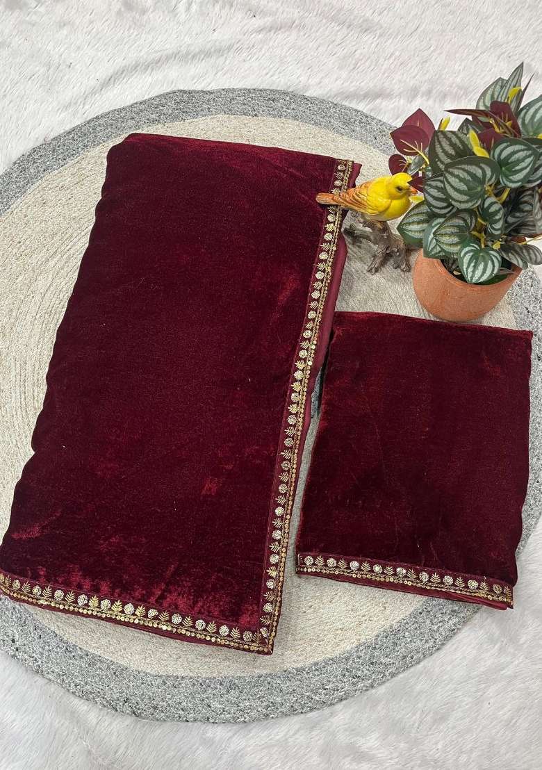Maroon Velvet Saree Set with Embroidered for Diwali | Wedding & Festive Wear - Indya