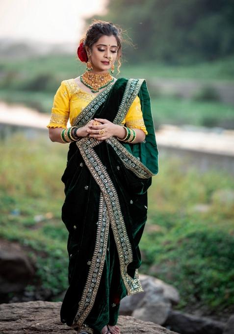 Green Embroidered Velvet Saree Set